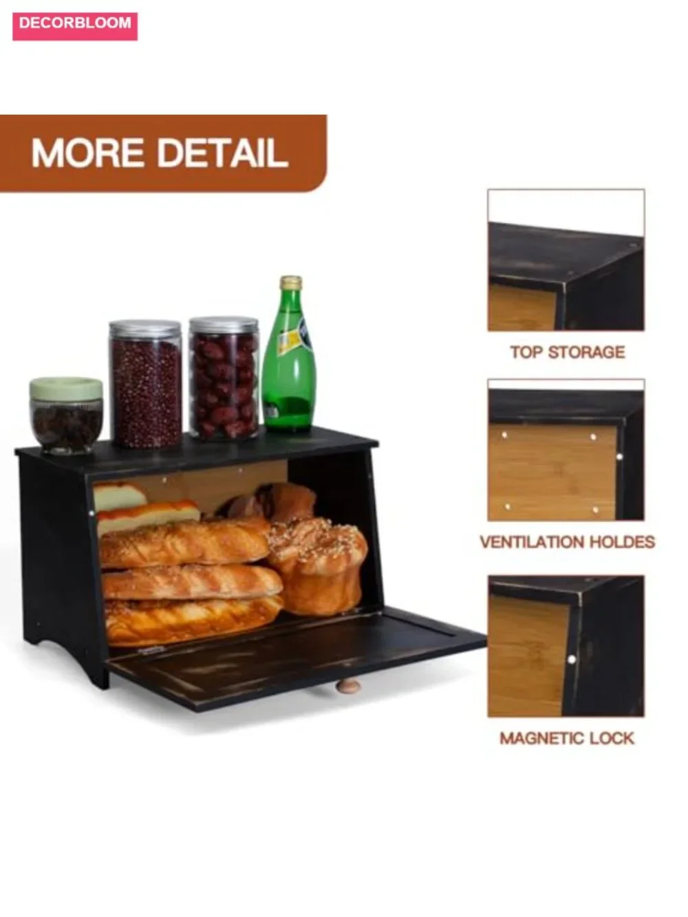 Bamboo Bread Box with Magnetic Door, Vintage Wooden Kitchen Storage